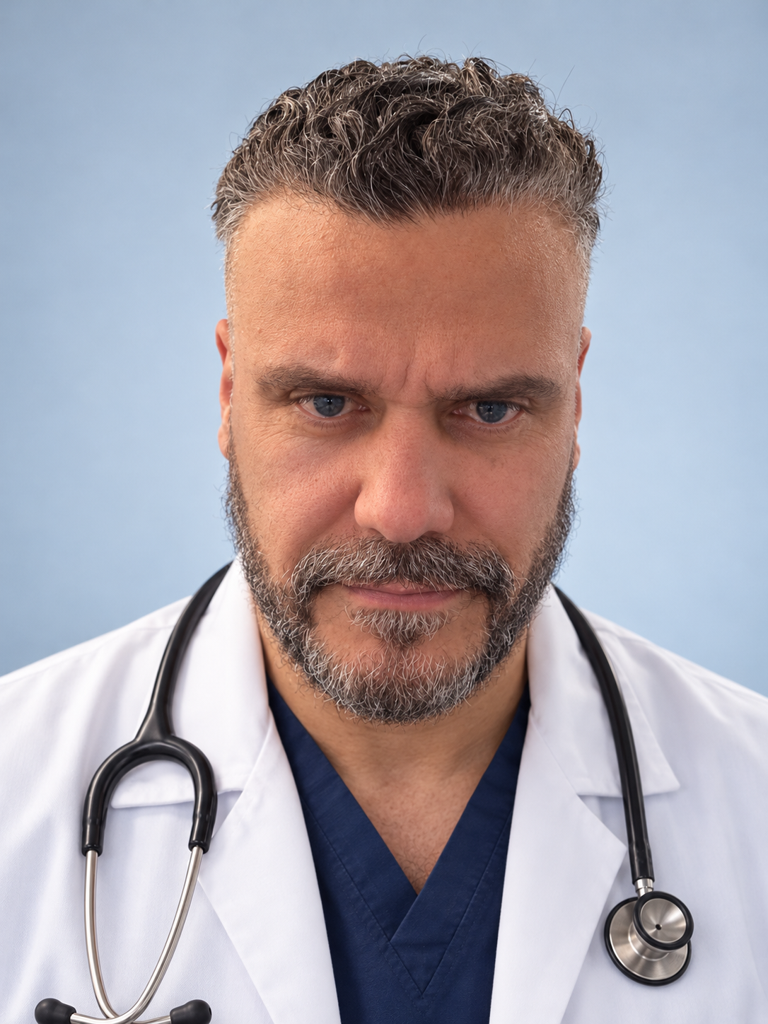 Retrato del Dr. Mario Enrique Ibáñez Ramírez con bata médica